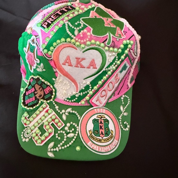 Women’s AKA sorority inspired trucker cap- Green and Pink all hand customized - Picture 1 of 4